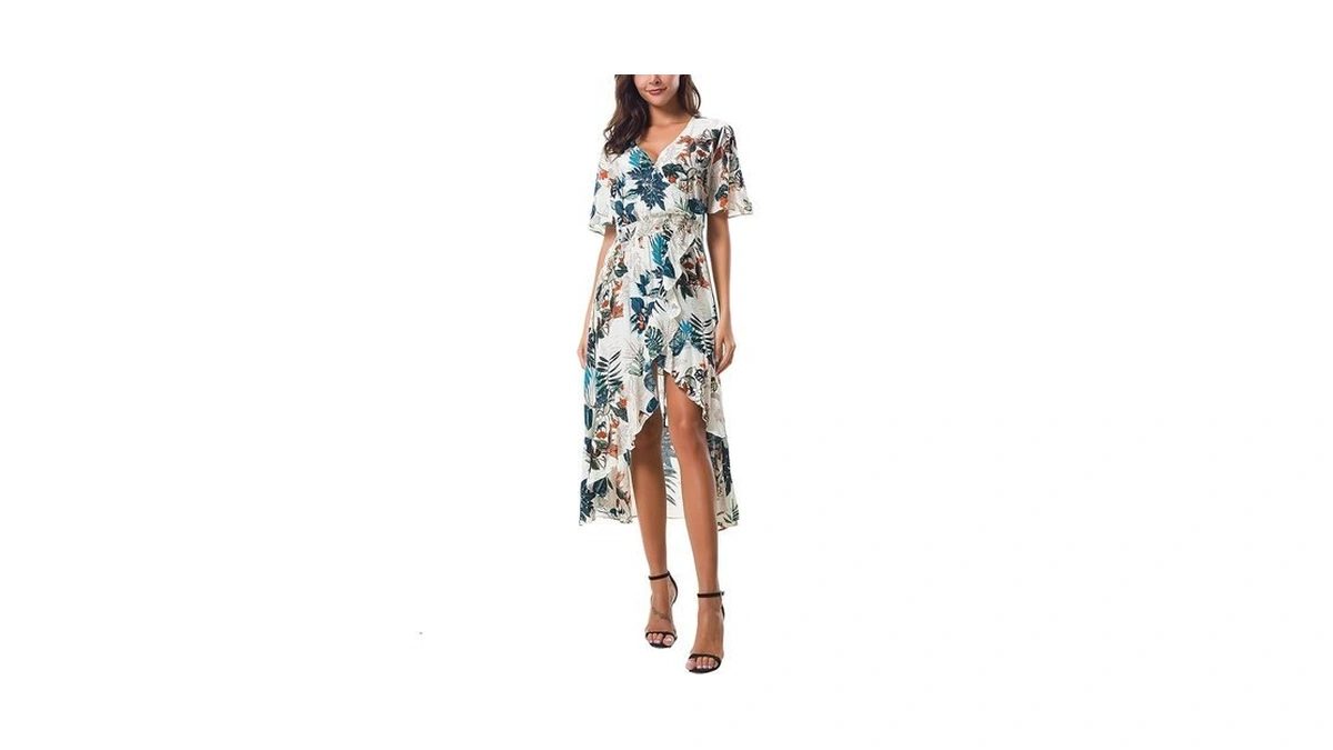 Kormei Womens Short Sleeve Floral Maxi Dress High Low V-neck