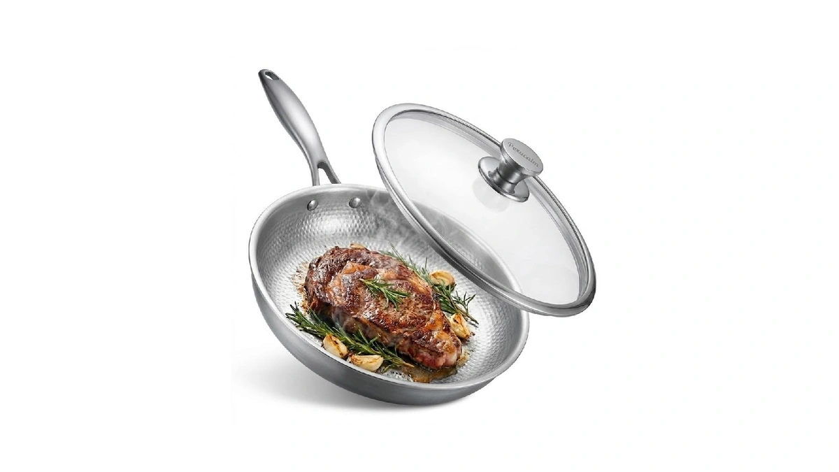Pexucalm Titanium Frying Pan With Lid, 11.8" Uncoated Hammered Skillet