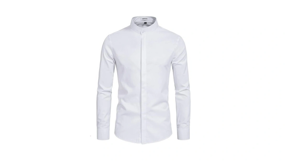 Vancoog Young Men's Banded Collar Long Sleeve Casual Interview Formal