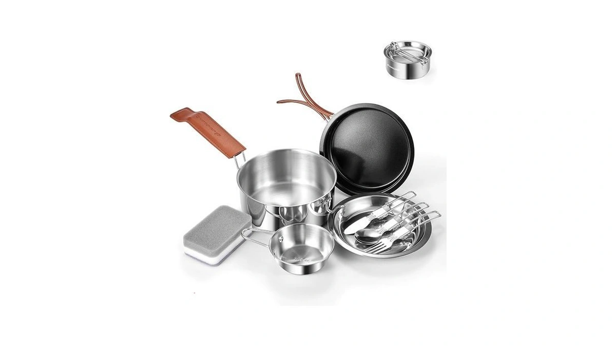 Odoland 10pcs Camping Cookware Stainless Steel Camping Pot And Pan