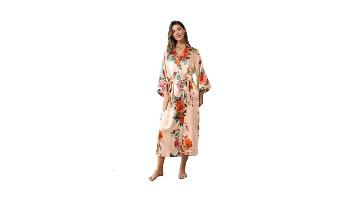 Horezsie Women's Floral Long Kimono Robe Satin Bathrobes Silky Dressing