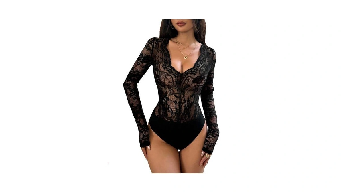 Gorglitter Women's Lace Bodysuit Mesh Sheer Deep V Neck Long