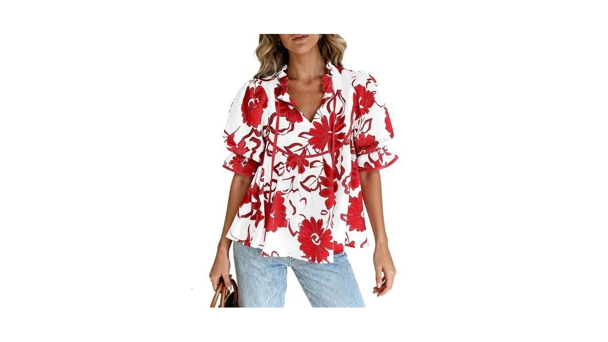 Prettygarden Womens Summer Tops 2026 Cute Puff Sleeve Ruffle V