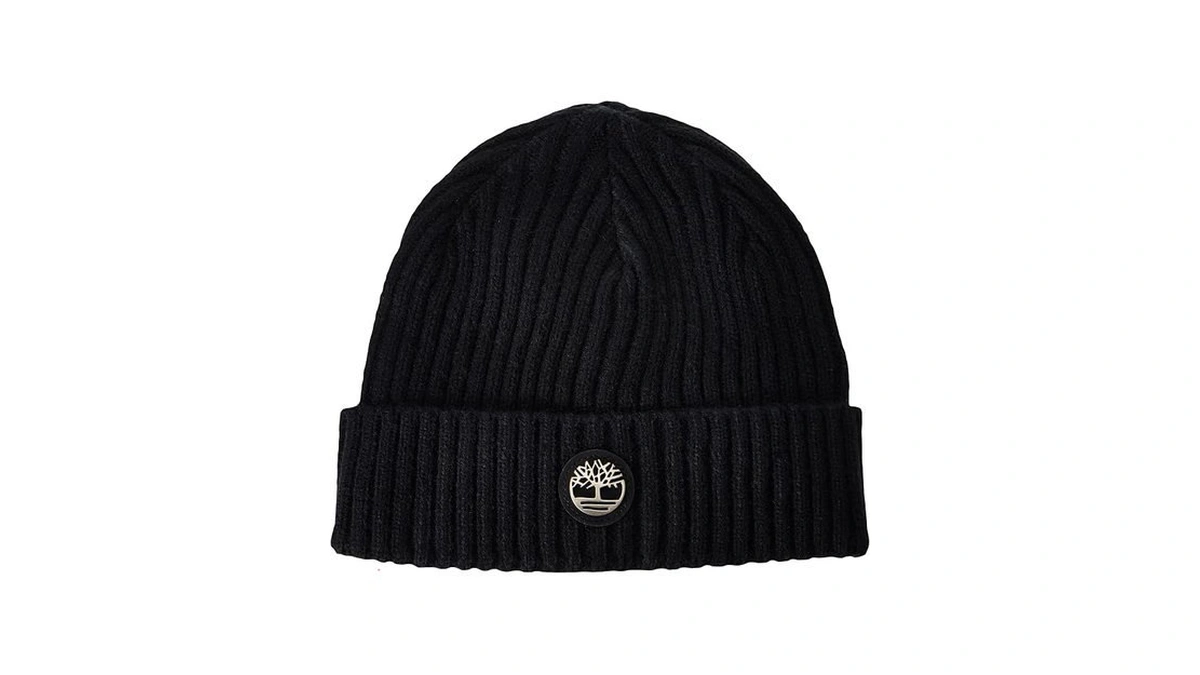 Timberland Men's Ribbed Watch Cap With Logo Plate, Black, One