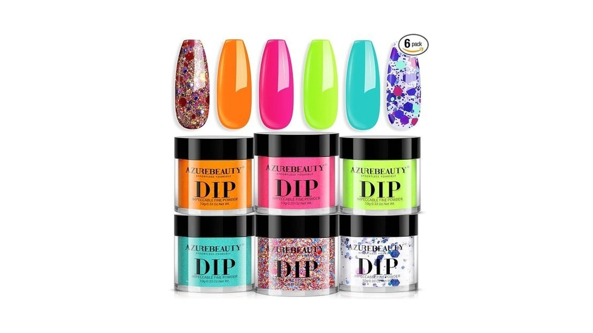 Azurebeauty Orange Fluorescent Blue Green Dip Powder Nail Set, 6