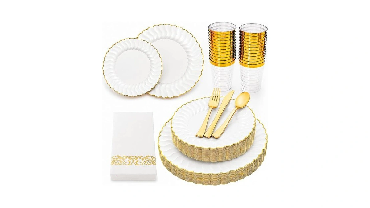 Skxiyebs 175pcs White And Gold Plastic Plates Set - Heavy