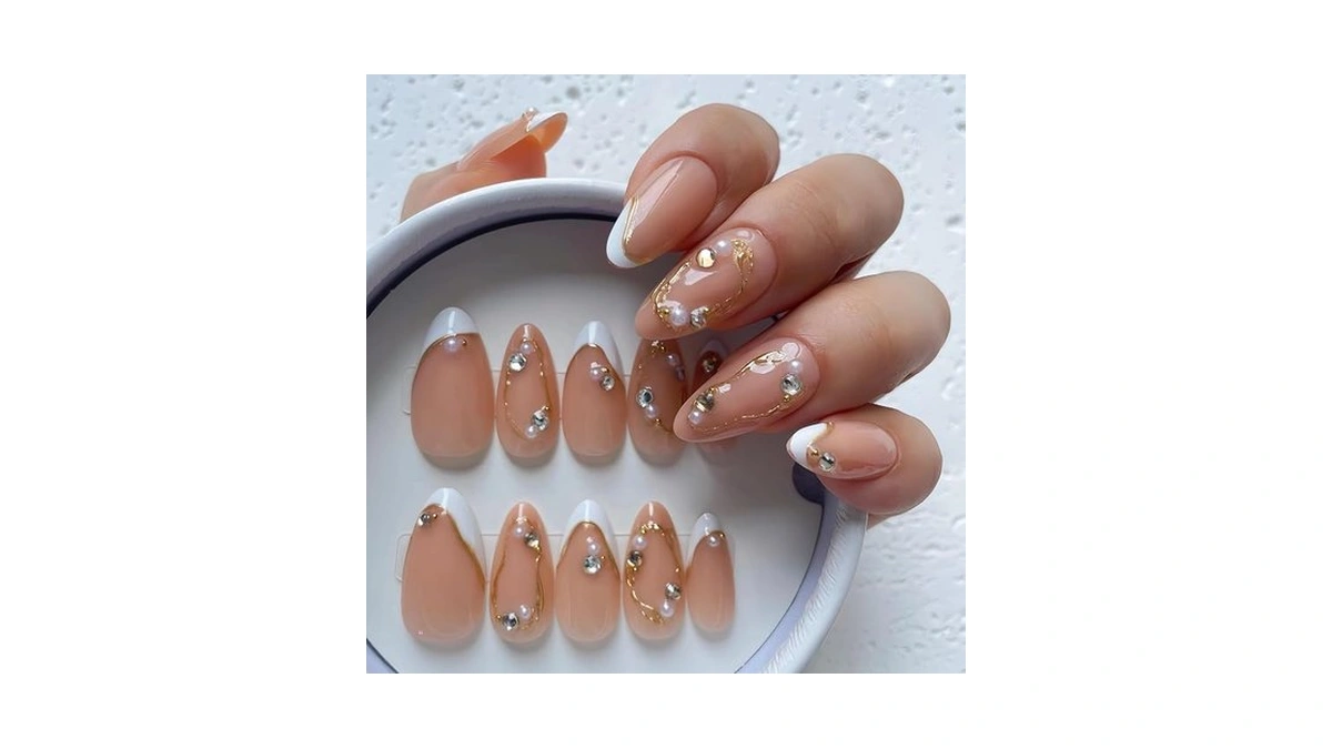 Nude Pearl Gold French Press On Nails Medium Almond Fake