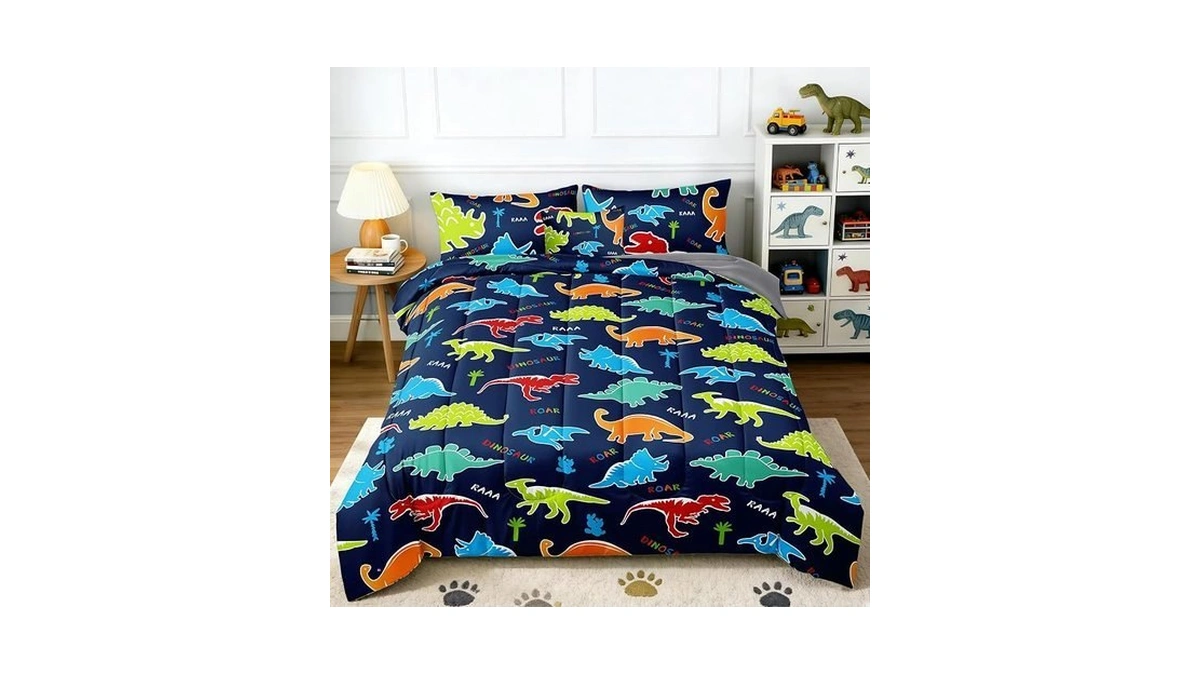 Bducok 6 Pieces Colorful Dinosaur Comforter Set For Boys Twin