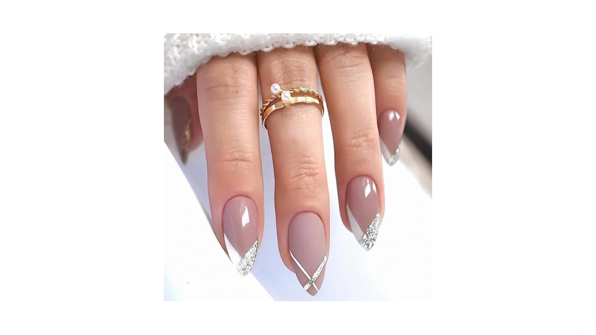 French Tip Press On Nails Almond Fake Nails Nude Medium