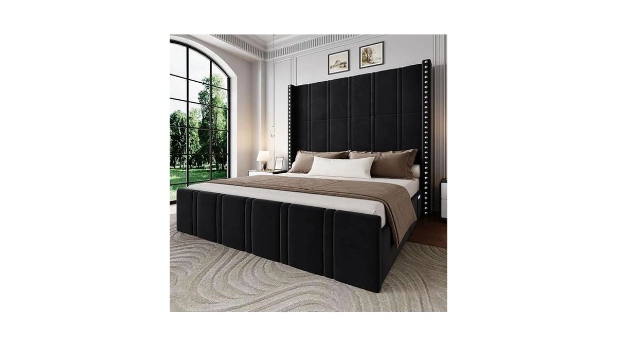 Uteeran Queen Bed Frame With 65.75" Tall Headboard, Luxury Velvet