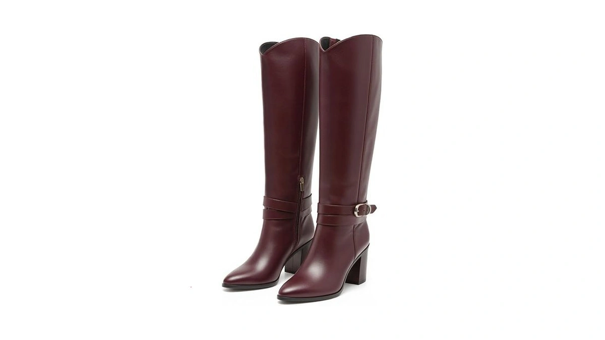 Wiralomi Knee High Boots For Women Burgundy Buckle Boots Side