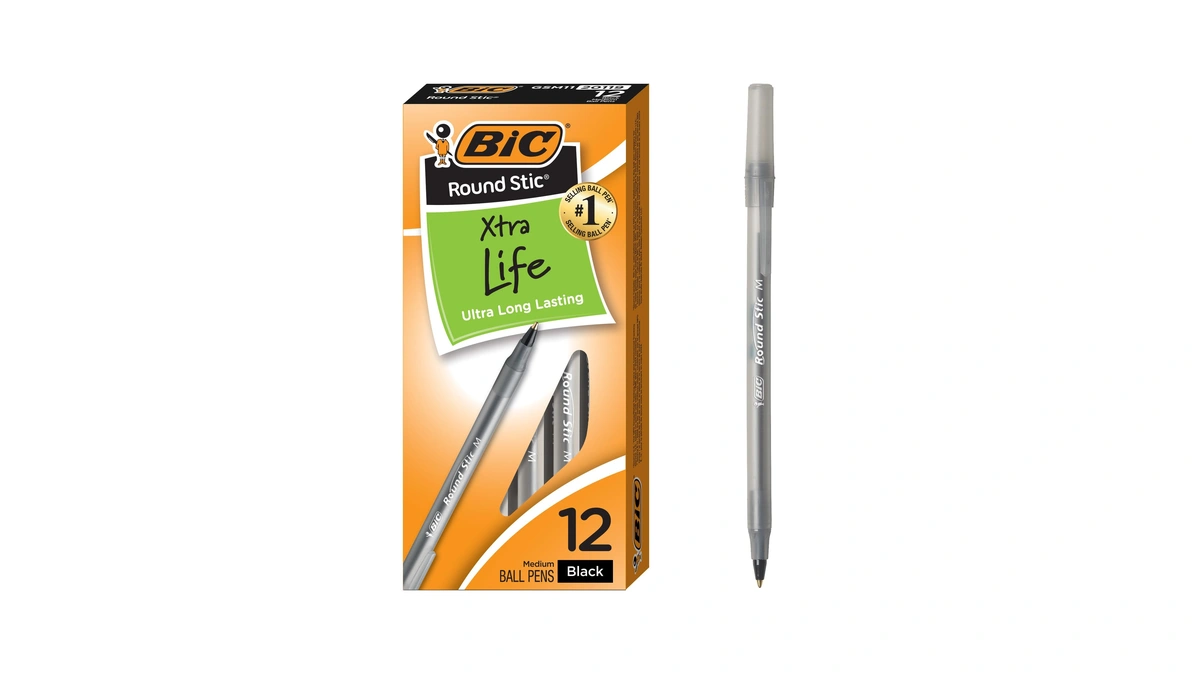 Bic Round Stic Xtra Life Black Ballpoint Pens, Medium Point