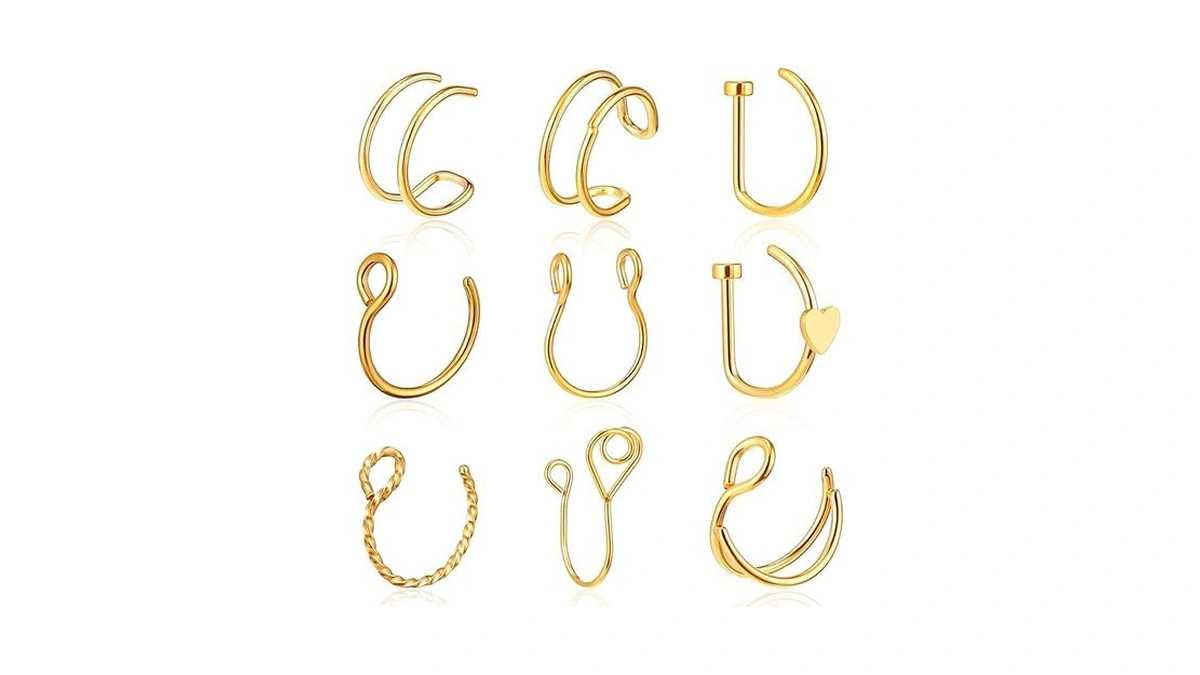 Yolev 9pcs Fake Nose Rings Gold Fake Nose Piercing Clip