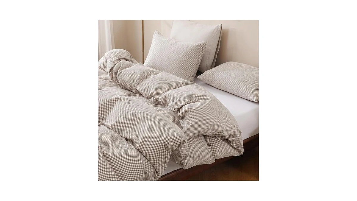 Tocomoa Mini Gingham Tan Duvet Cover Bedding Set 100% Washed