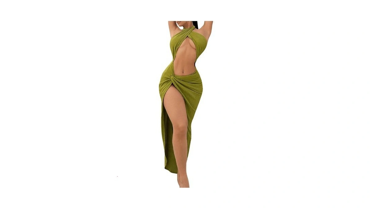 Beaudrm Women's Twist Front Sleeveless Halter Tie Long Dress Split
