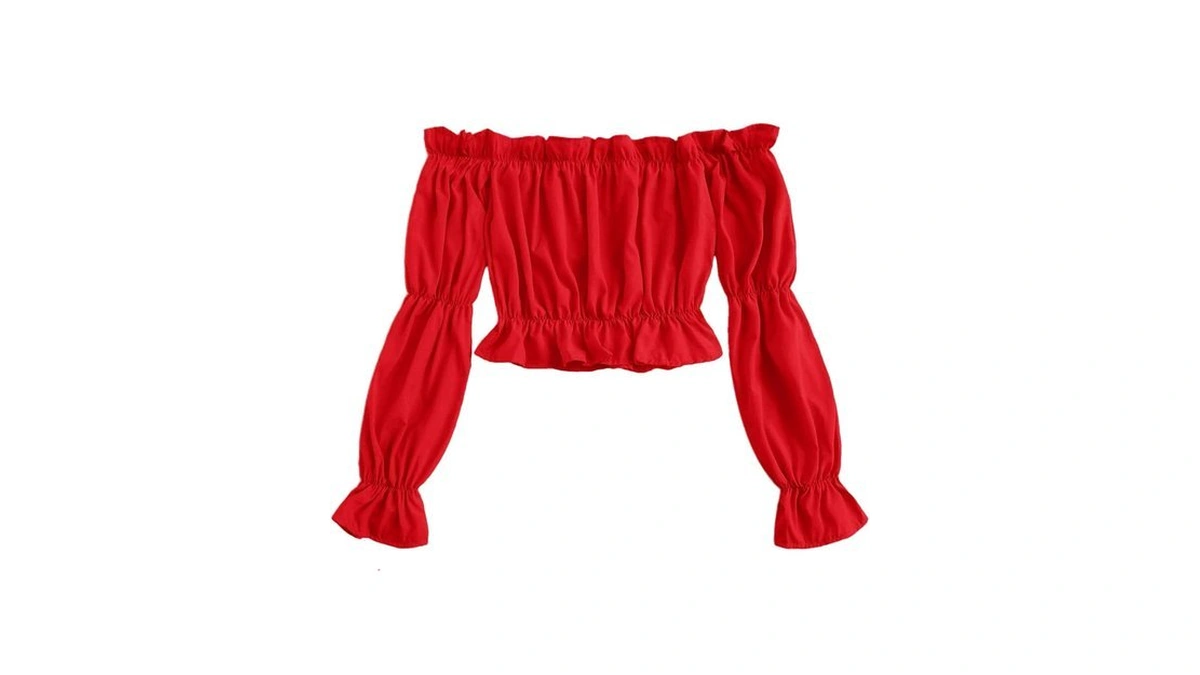 Lyaner Women's Off Shoulder Ruffle Trim Puff Long Sleeve Tube