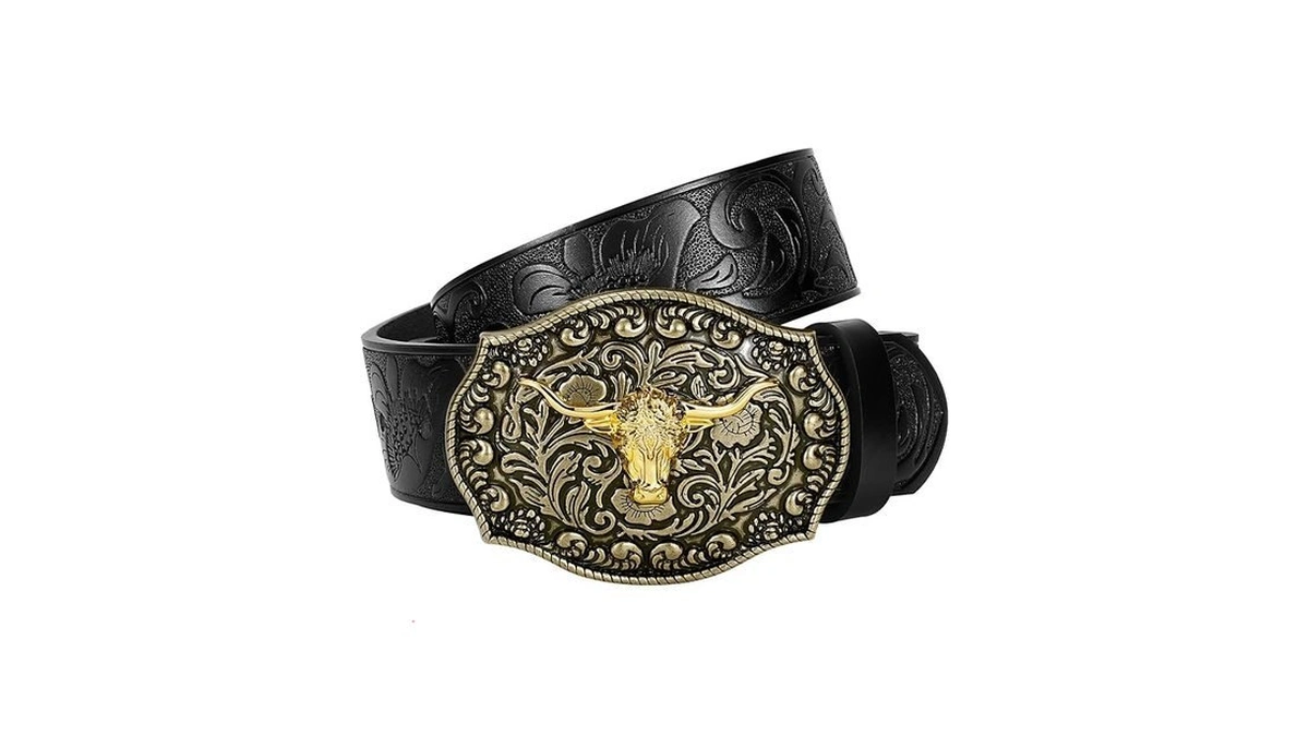 Triworks Men's Western Cowboy Belt Classic Embossed Leather Belts With