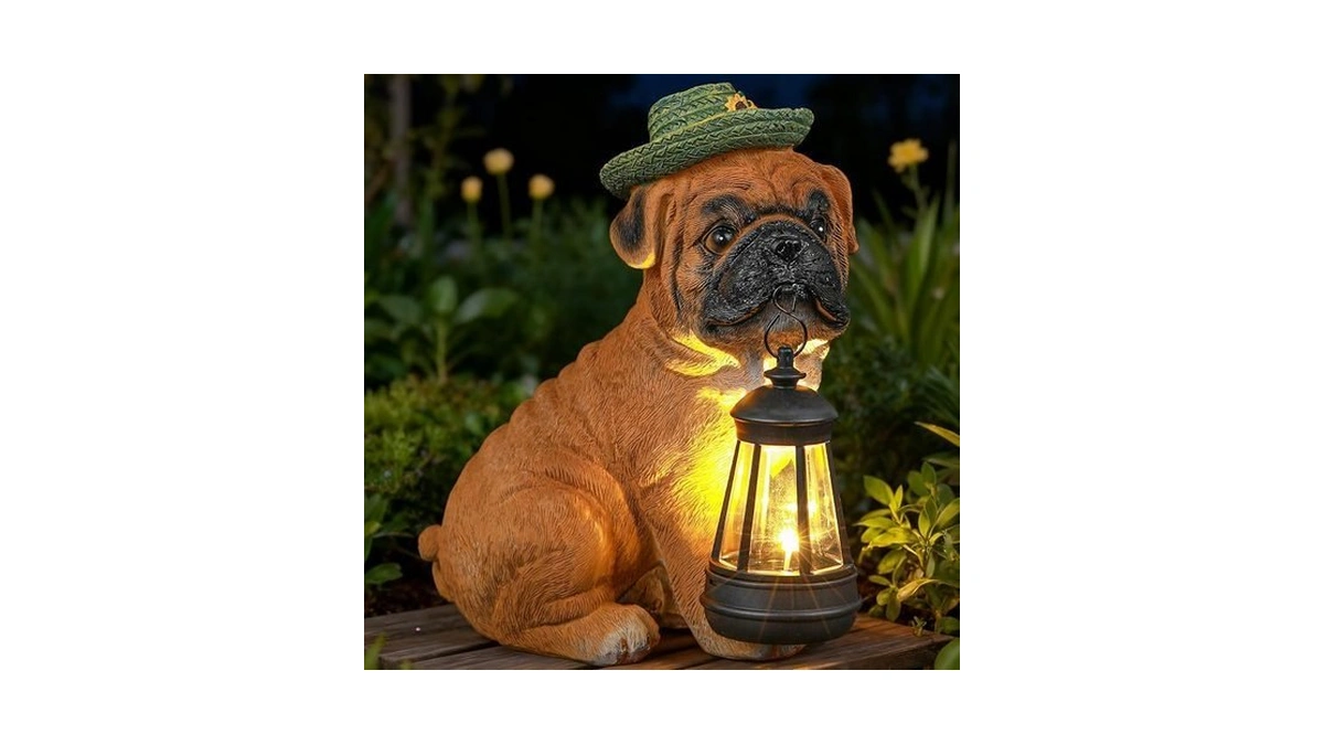 Idea Show Solar Dog Outdoor Garden Statue With Lantern, French