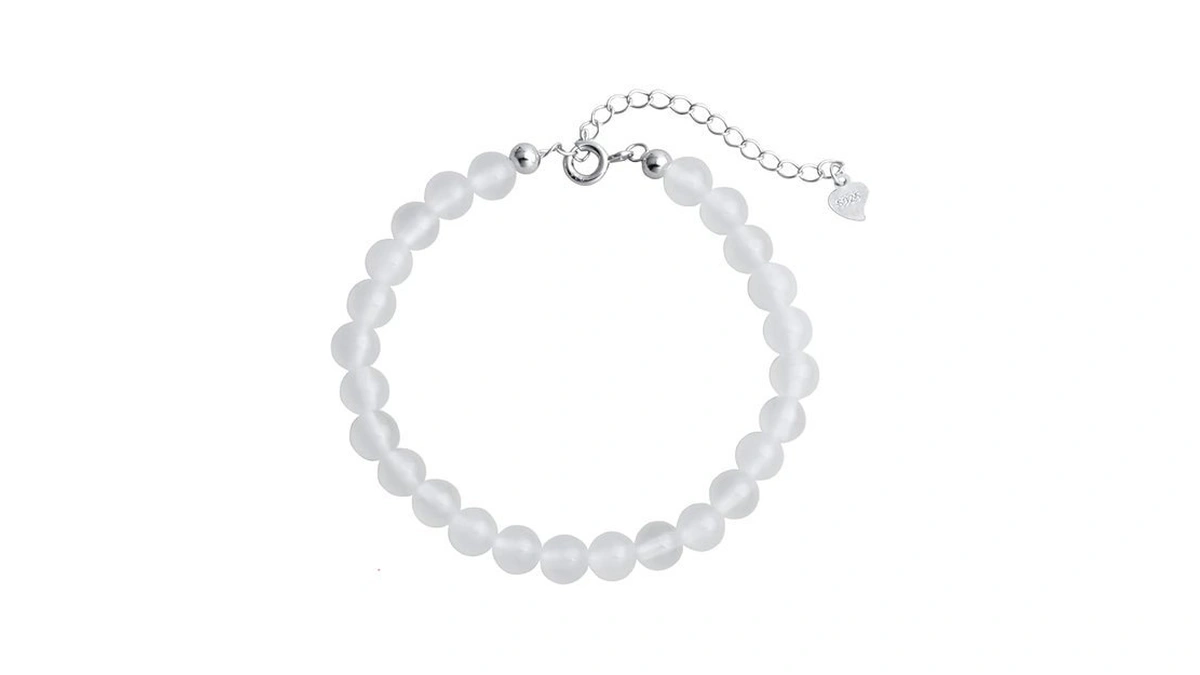 925 Sterling Silver Natural White Agate 8mm Round Beads Bracelet