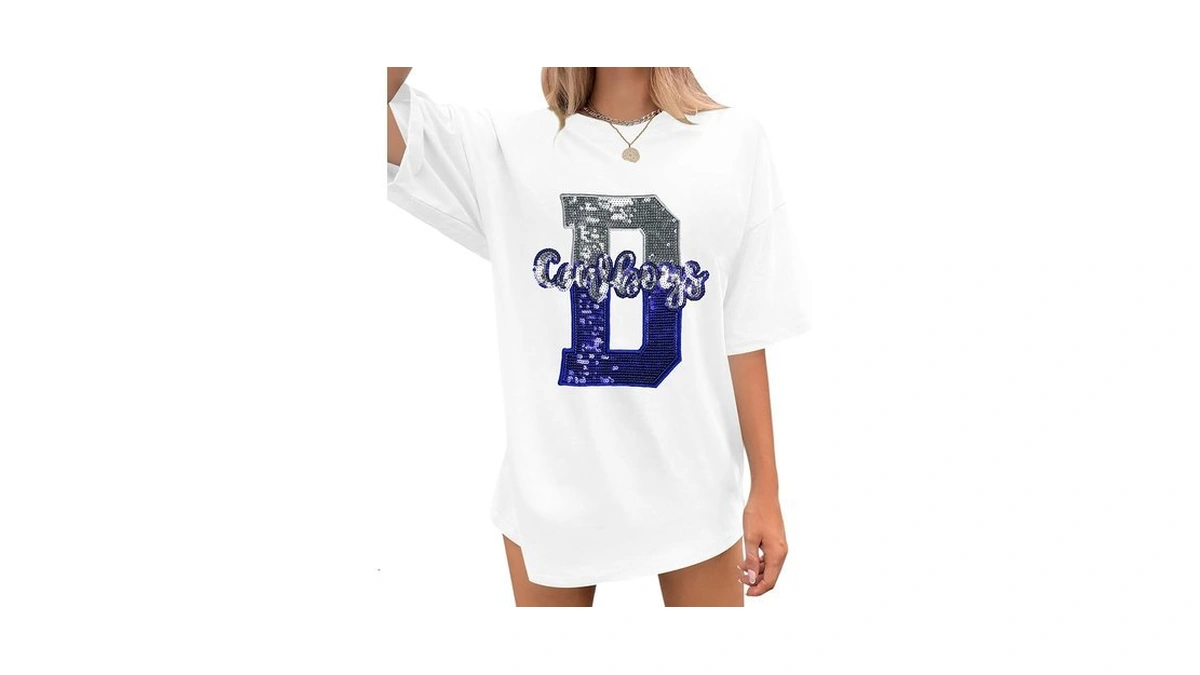 Womens Football Sequin Embroidery Shirts Oversized Vintage Game Day Tshirt