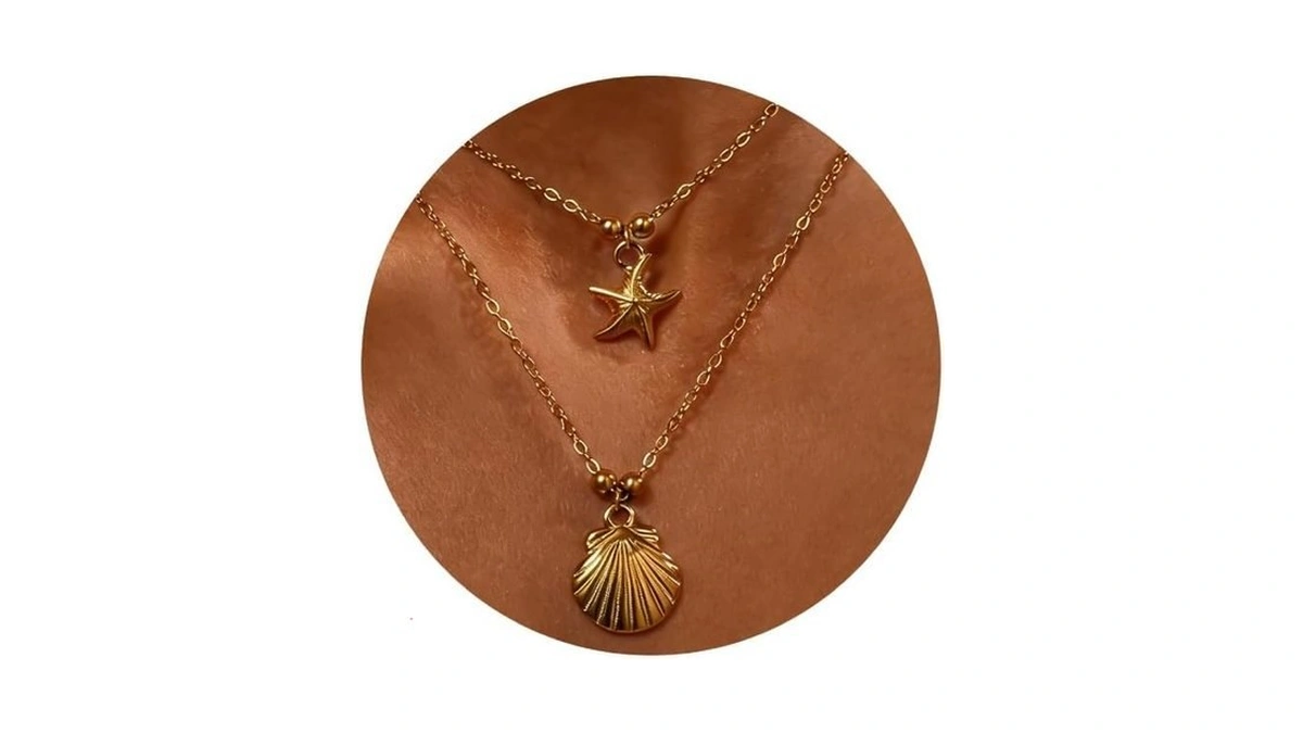 Srwrpr Starfish Shell Layered Necklace For Women, 18k Gold Plated