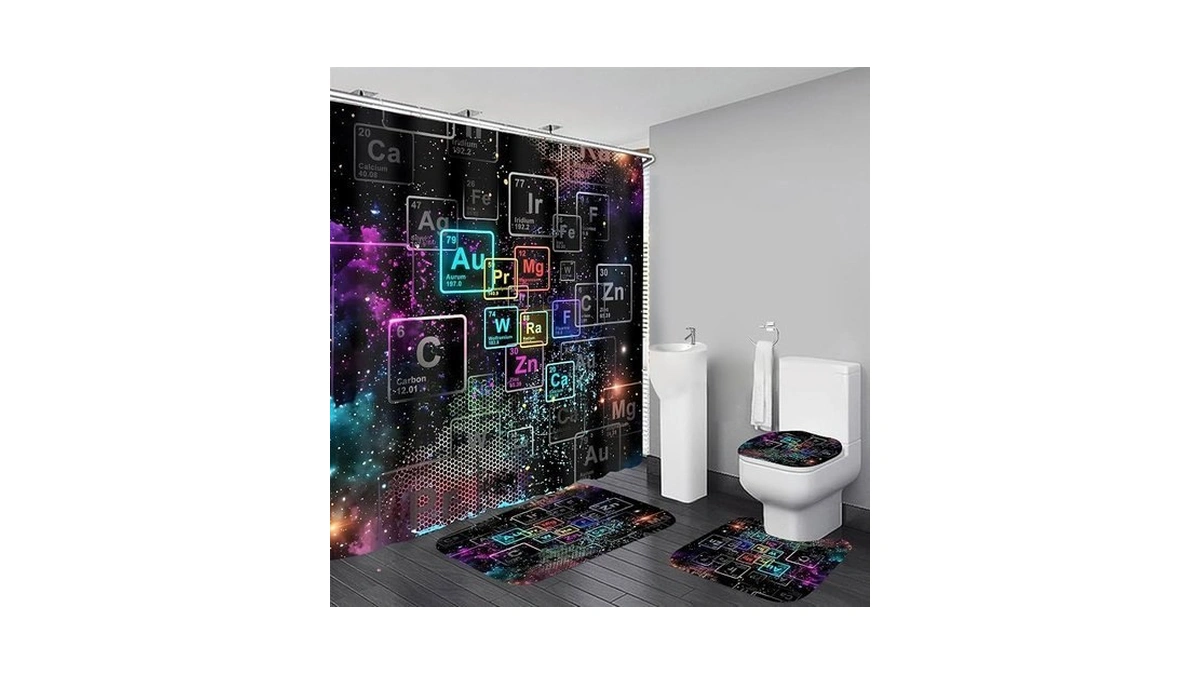 Yizheer 4pcs Black Starry Sky Grid Bathroom Shower Curtain Set