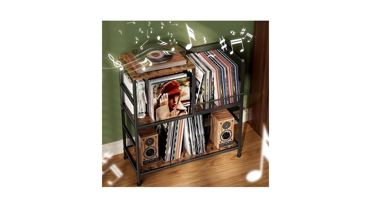 Huxitocan Record Player Stand Holds Up To 150 Albums With