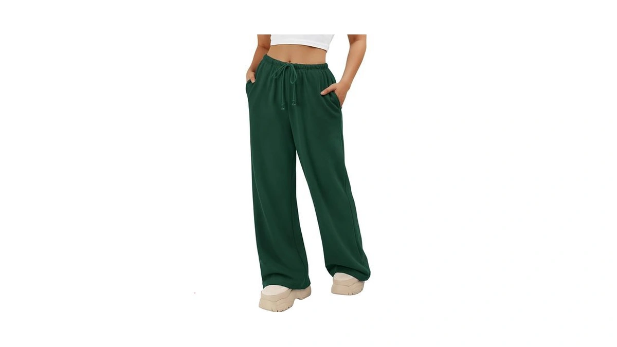 Athmile Womens Green Wide Leg Sweatpants Long Straight Streetwear Drawstring
