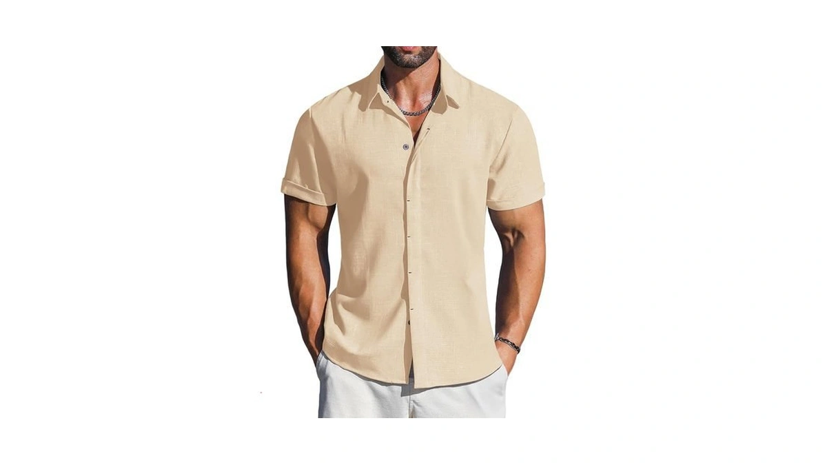 Letsee Linen Shirts Mens Button Down Short Sleeve Shirt For