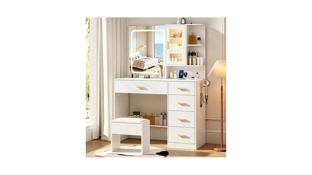 Bzk Vanity Desk With Led Lights Mirror, White Makeup Vanity