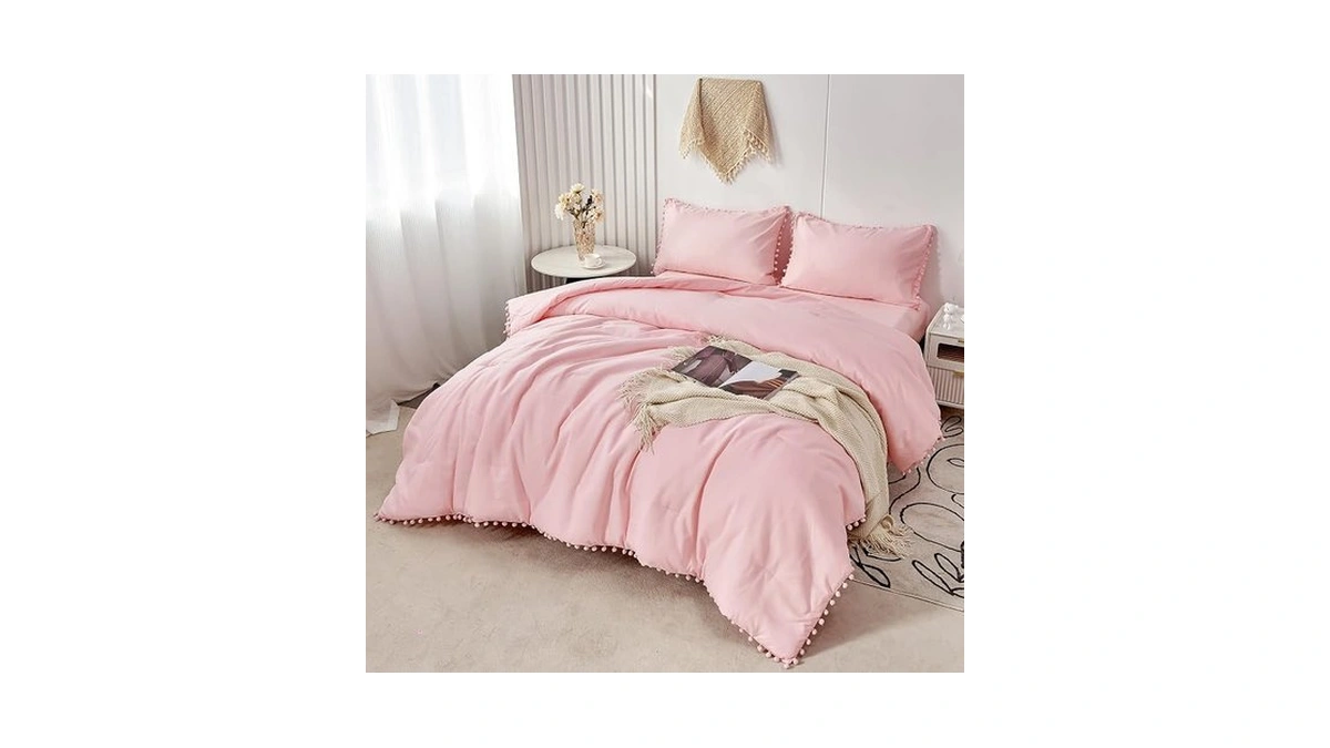 Perfemet Pink Pom Comforter Set Queen Size(90x90inch), 5 Pcs Boho