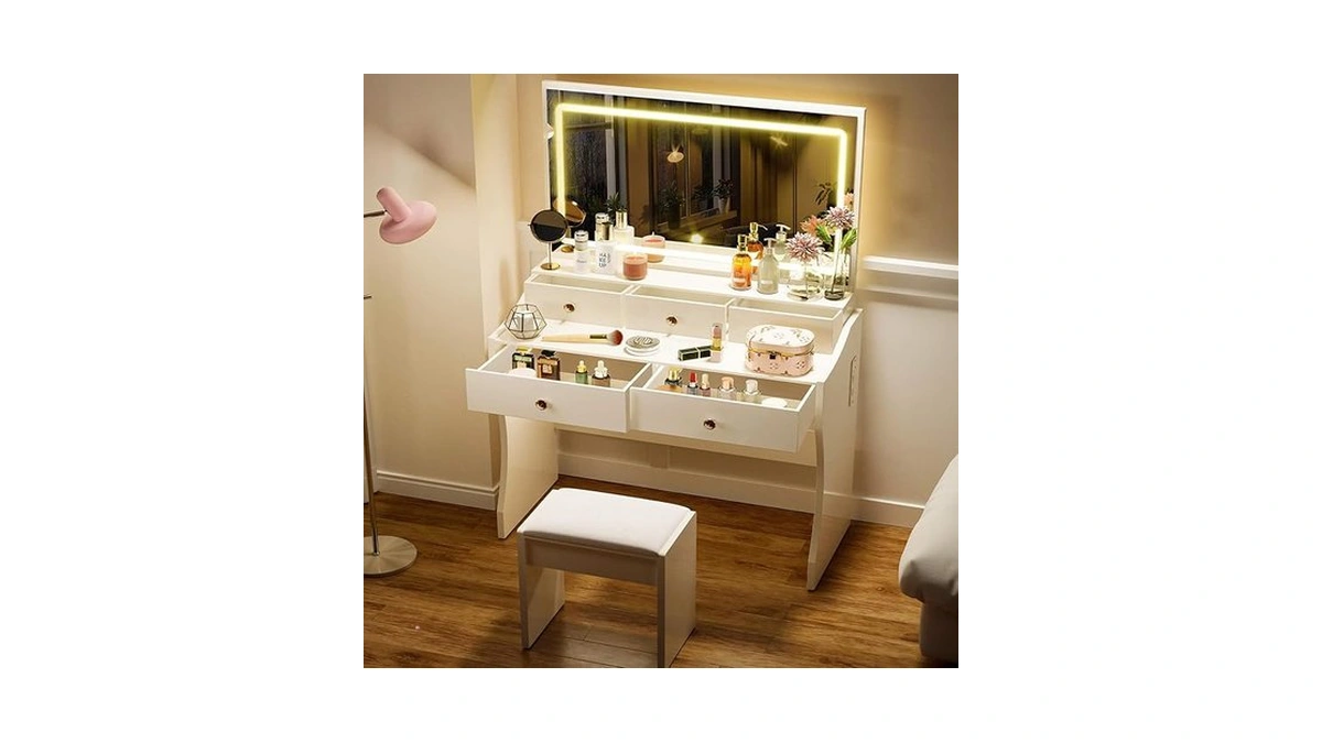 Comhoma Makeup Vanity Desk With Mirror And Lights, Vanity Table