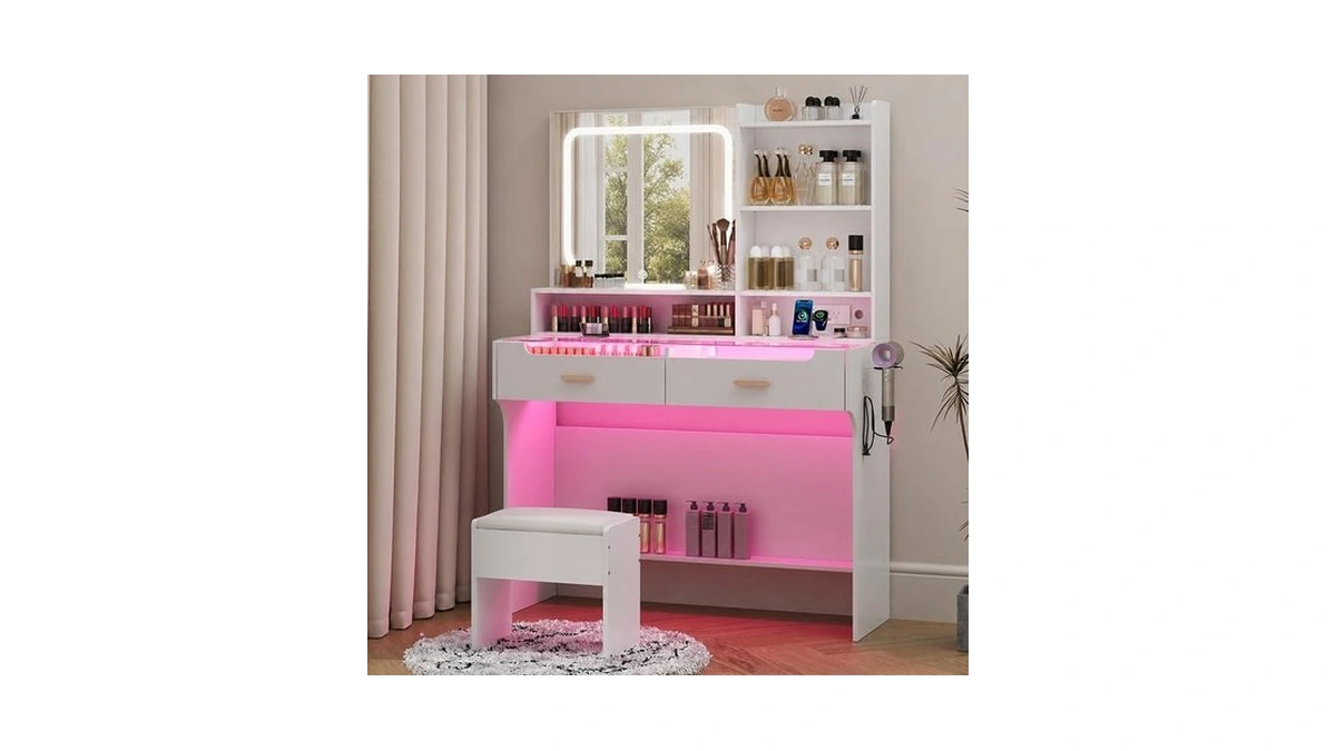 Bzk White Makeup Vanity Desk With Led Mirror & Charging
