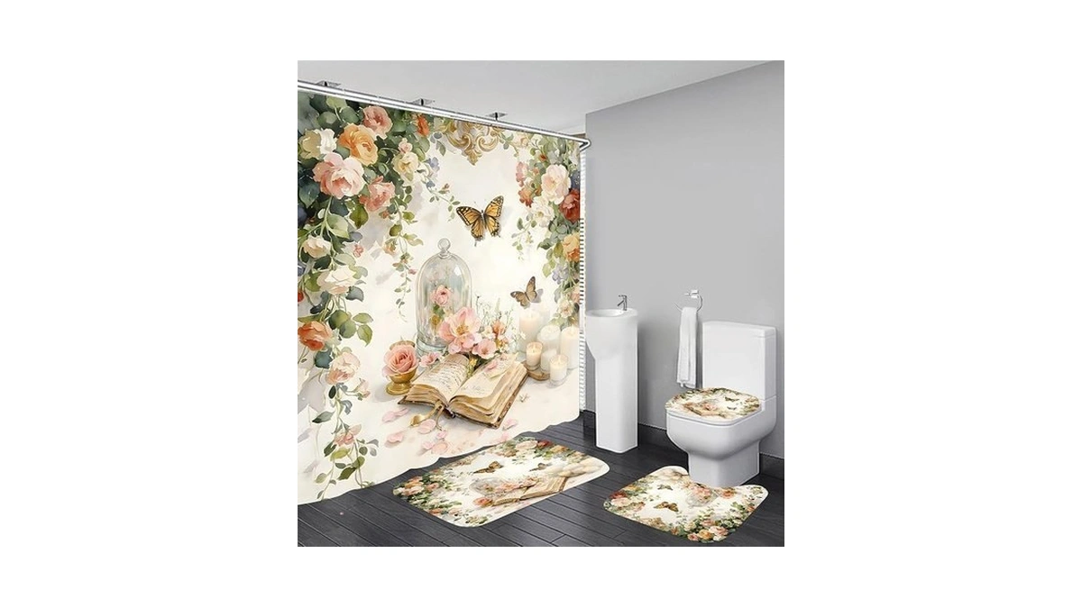 Yizheer Luxury 4pcs Book Flower Butterfly Shower Curtain Set, Flower
