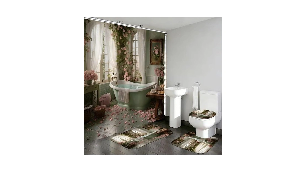 Ddqq 4pcs Vintage Turquoise Bathtub Shower Curtain Set, Pink Roses
