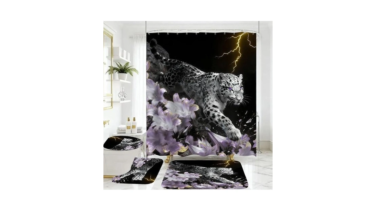 Jieprom 4 Piece Black Gold Purple Shower Curtain Set With