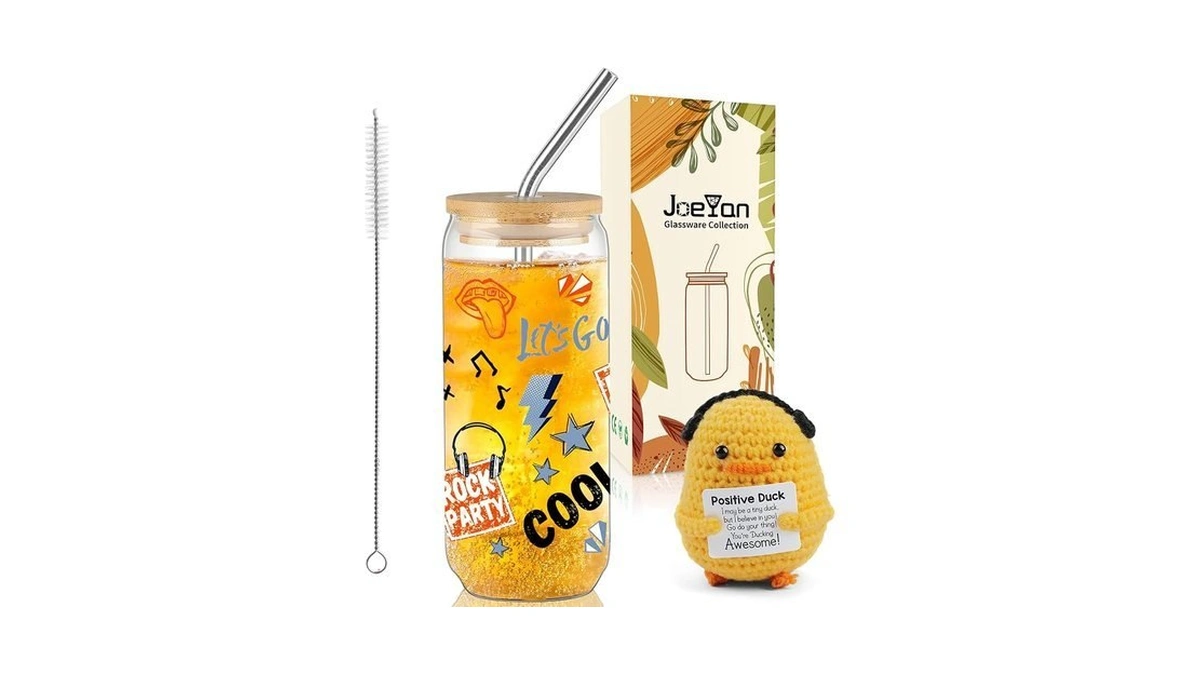 Joeyan Glass Cup With Lid And Straw, 20oz Iced Coffee