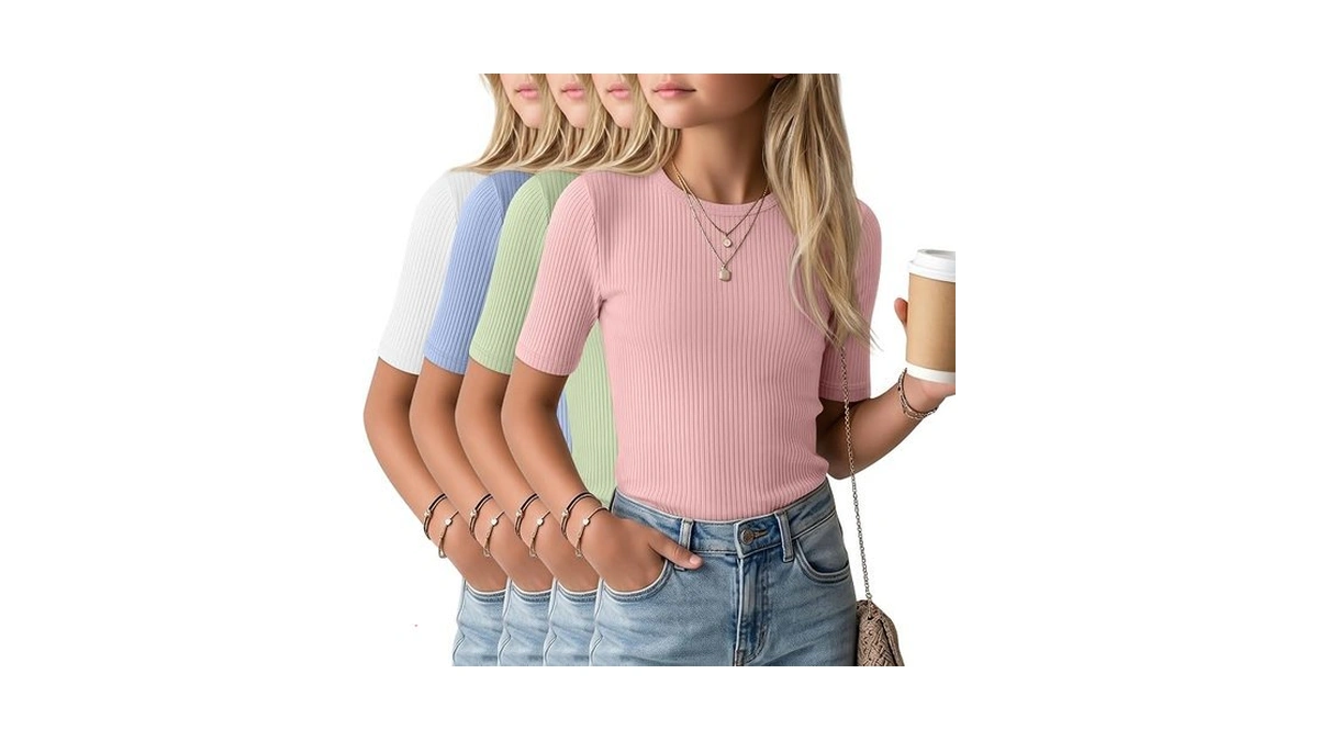 Lessonzoo 4 Pack Summer Shirts Girls Short Sleeve Ribbed Slim