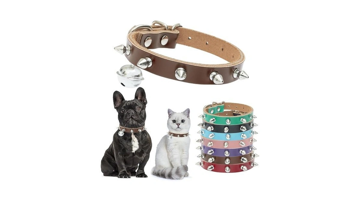 Bingpet Spiked Leather Cat Collar With Bells, Studded Dog Collar