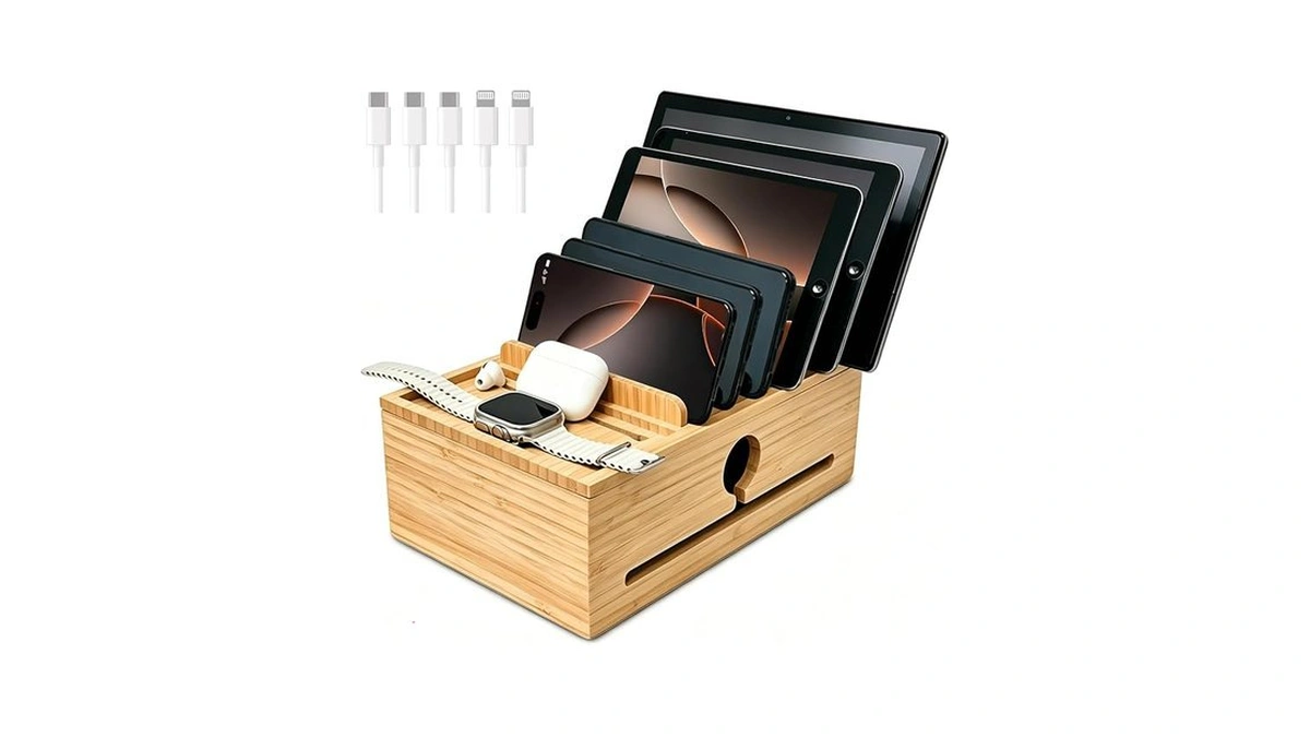 Perfecyee Bamboo Charging Station Organizer With 5-cables, No Usb Charger