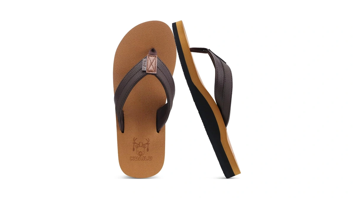 Kuailu Mens Leather Flip Flops Arch Support Summer Beach Pool