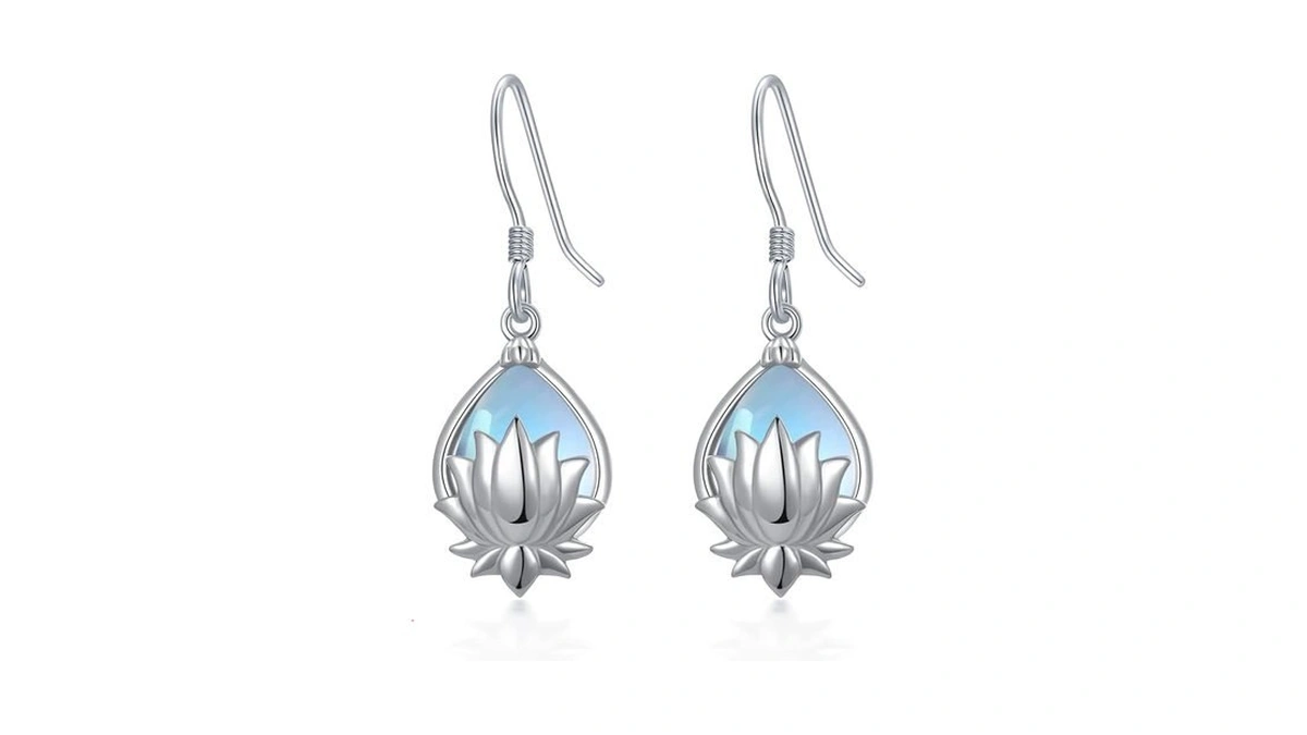 Lotus Flower Earrings 925 Sterling Silver Moonstone Dangle Lotus Earrings