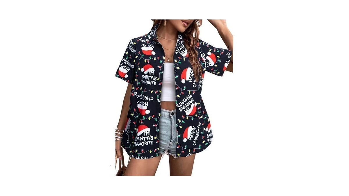 Christmas Shirt Women Hawaiian Button Down Shirts Vintage Christmas Graphic