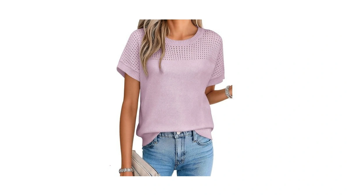 Anbech Crochet Tops For Women Short Sleeve Knit Sweater Pullover