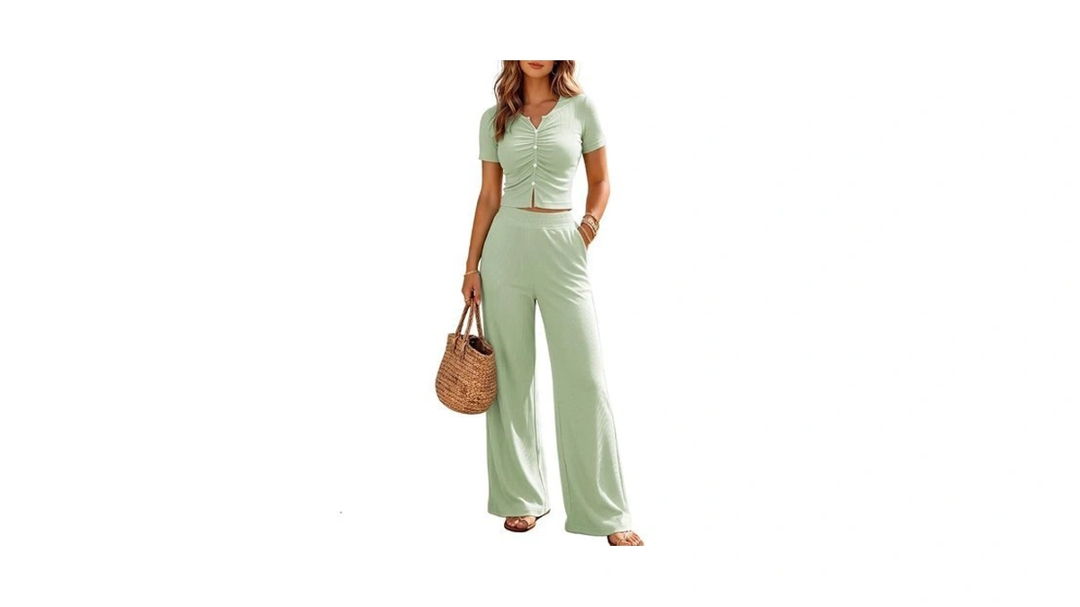 Outfeel Women's 2 Piece Lounge Set Knit Button Ruched Short