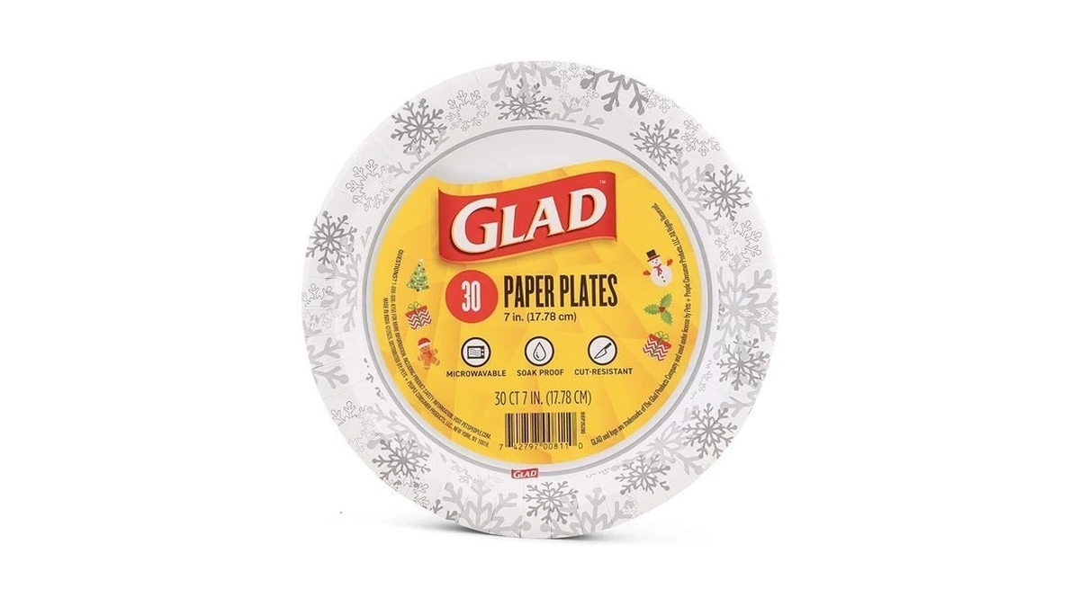 Glad Disposable Paper Plates With Holiday Grey Snowflake Design -