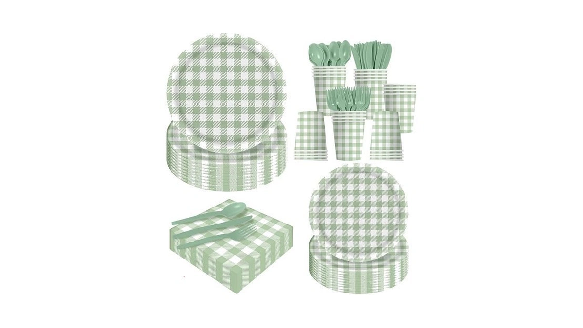Wisslermer Party Supplies Set, 140 Pieces Gingham Dinnerware For 20