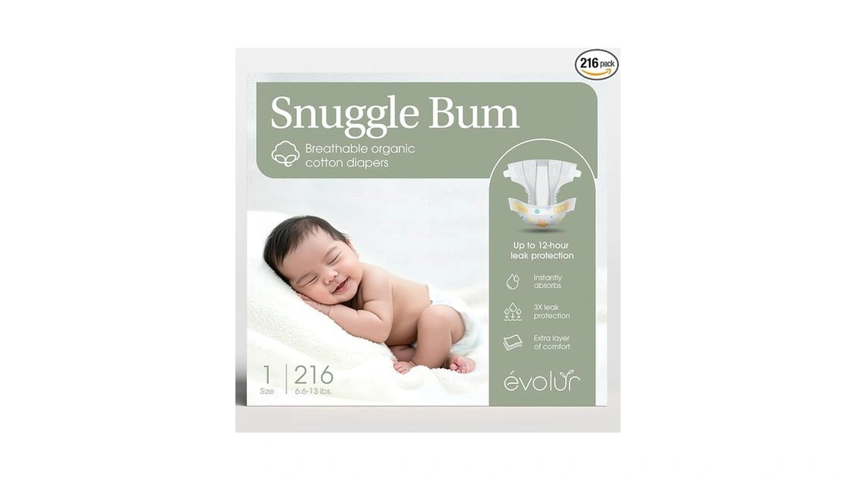 Evolur Snuggle Bum Baby Diapers Size 1, Newborn, Pfas-free, 216