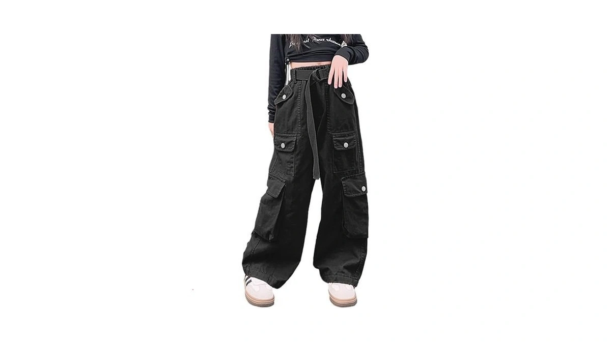 Aowkulae Girls Cargo Pants Multi Pocket Wide Leg Pants Black