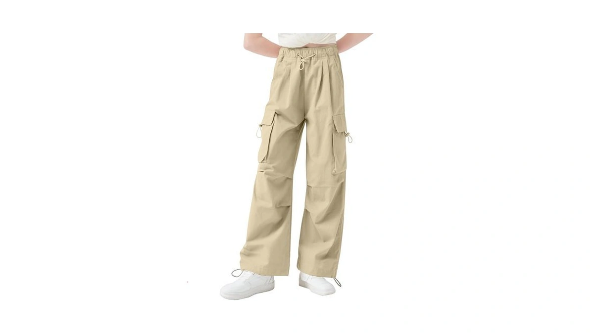 Aowkulae Girls Cargo Pants Baggy Drawstring Parachute Pants,khaki,5-6y